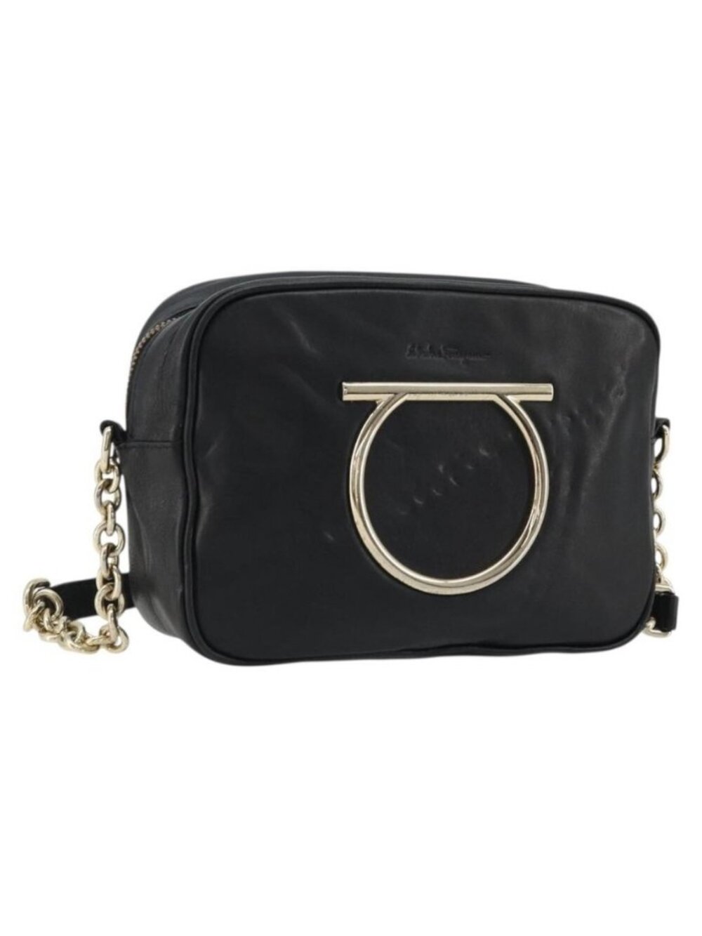 Authentic Salvatore Ferragamo Gancini Chain Shoulder Bag Leather Black Gold